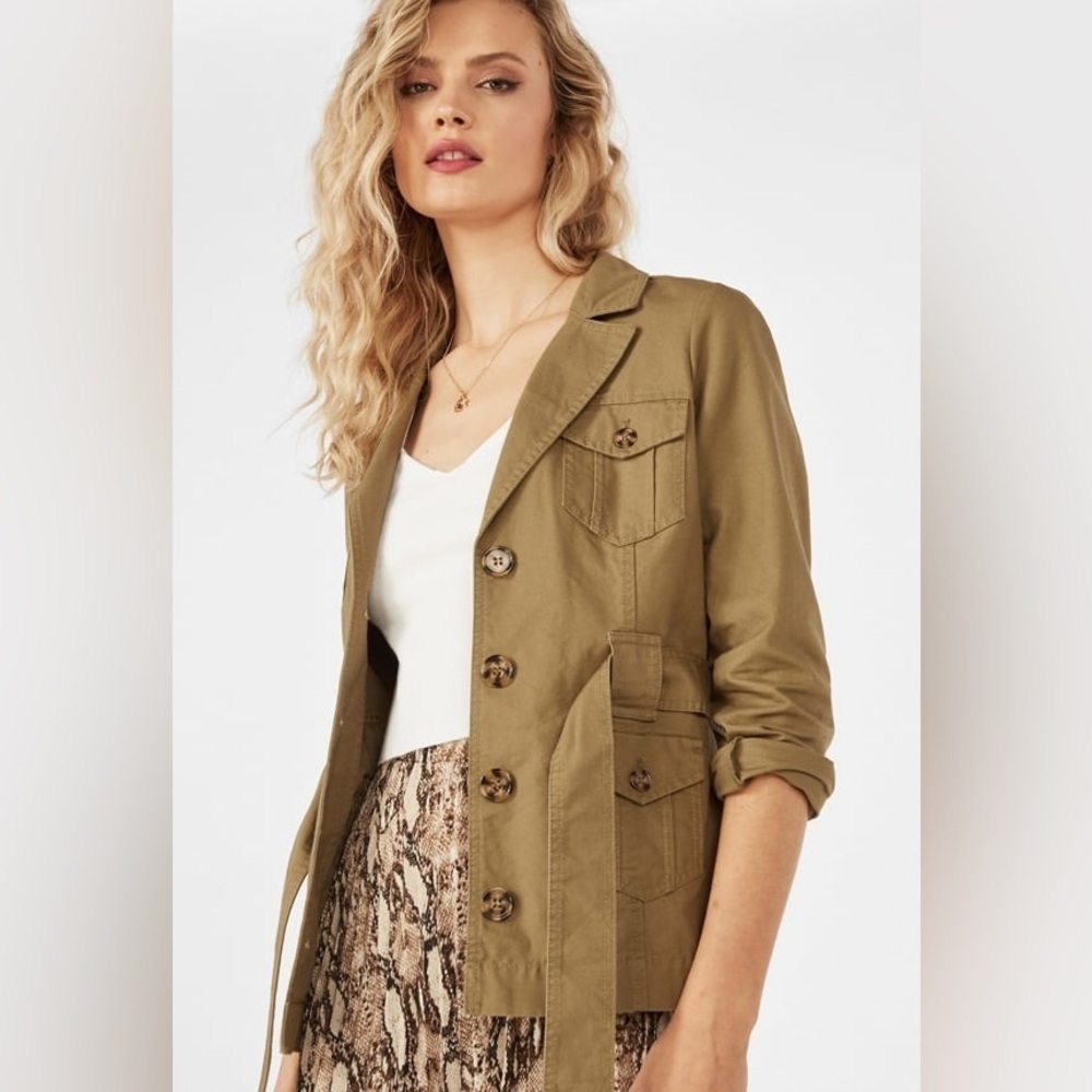 JustFab Olive Green Belted Safari Utility Jacket Blazer Faded Cuffs Size S